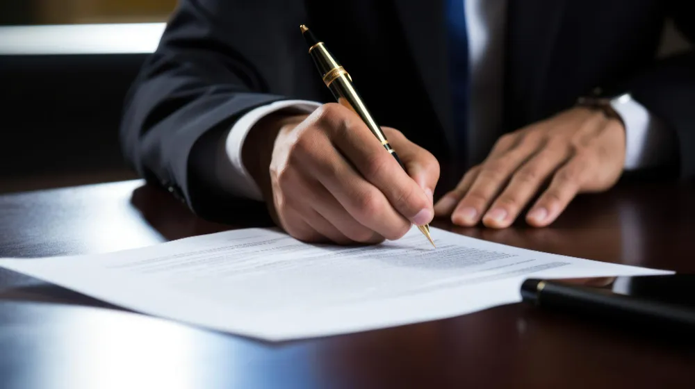 Close view of a document being signed with a gold pen at a mobile notary appointment